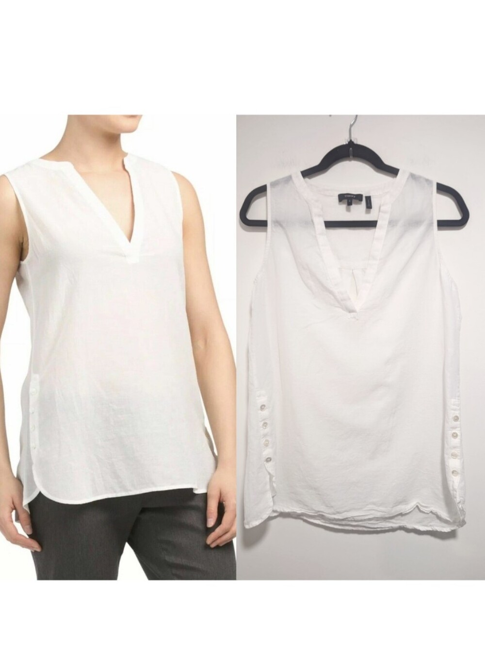 Theory | Sleeveless Split-Neck Button Side Popover Blouse In White